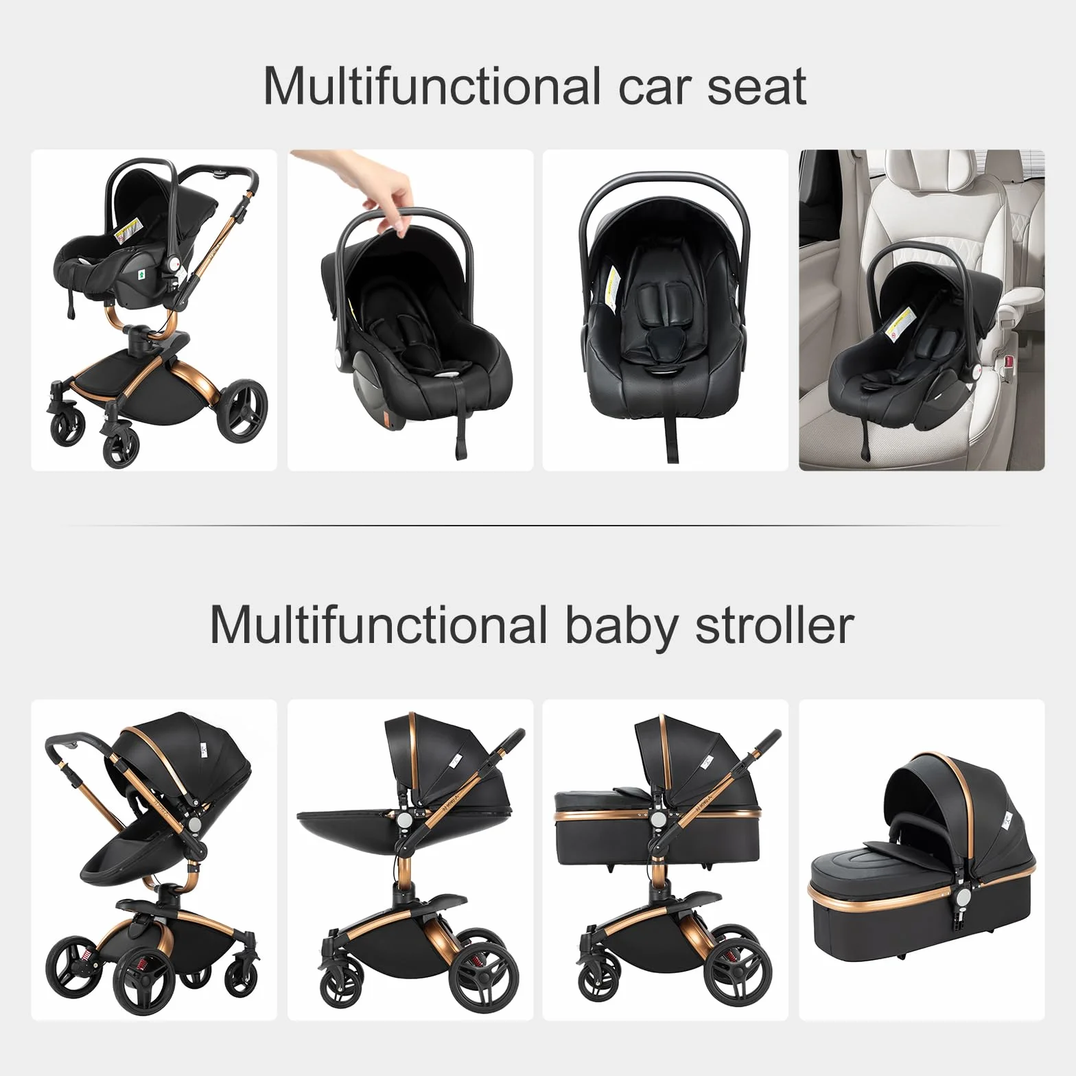 3 en 1 Sistema de Viaje Para Bebé 3 en 1 Cochecito de Paisaje Alto Carrito con Capazo Silla de Paseo Cochecito de Bebé Reclinable Cochecito Estándar Plegable de Recién Nacido (906 Black)