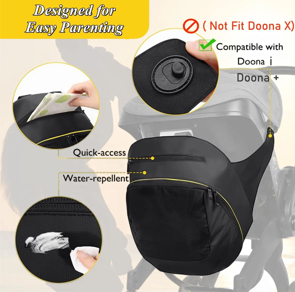 Bolsa de almacenamiento con clip compatible con cochecito Doona y asiento de coche, bolsa de pañales de gran capacidad con cremallera antideslizante, bolsa organizadora de cochecito, mochila