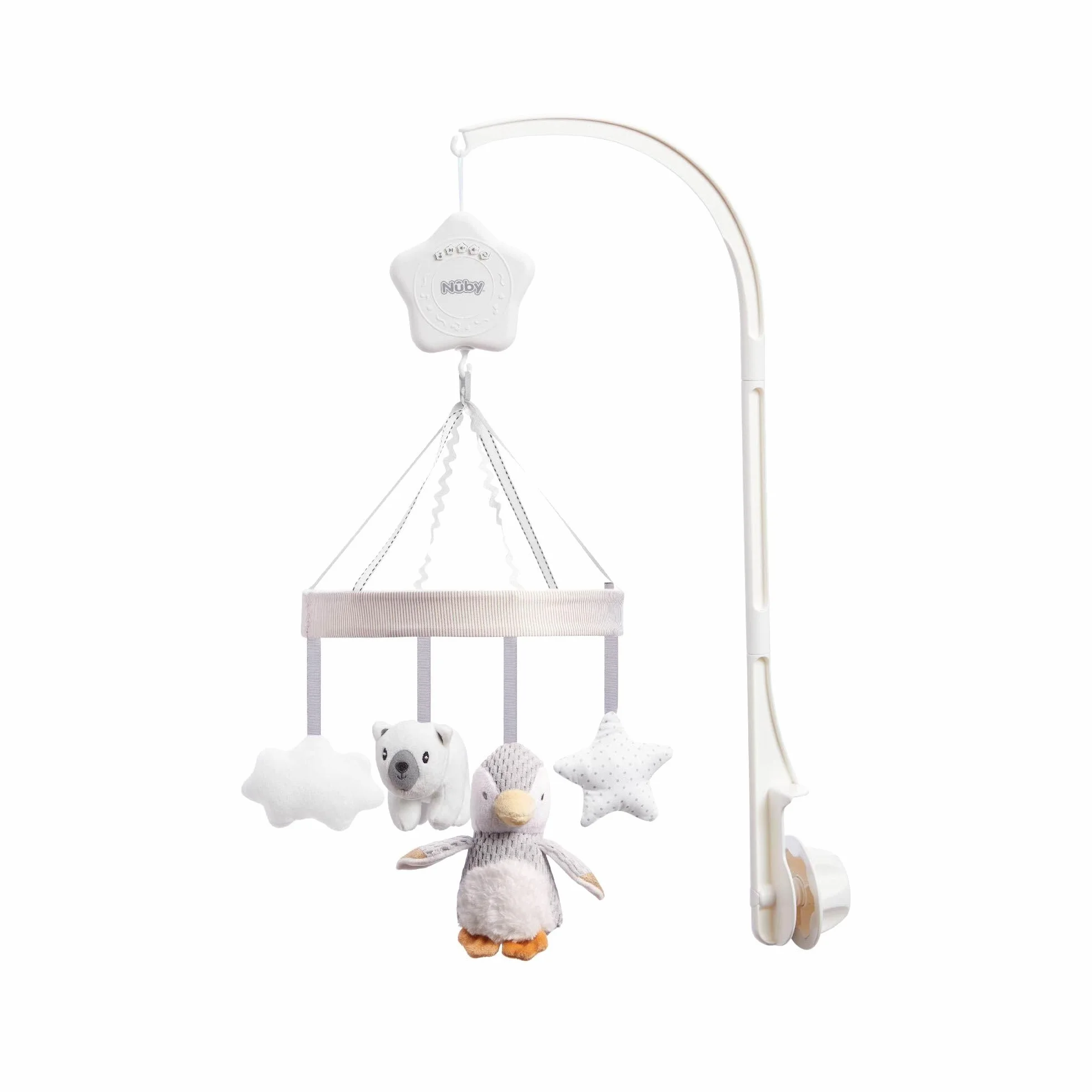 Nuby Móvil Musical para Cuna Bebé Pingüino – Carrusel Giratorio con Música, Brazo Ajustable para la Mayoría de las Cunas, Melodías Calmantes y Peluches Colgantes, 0+ Meses