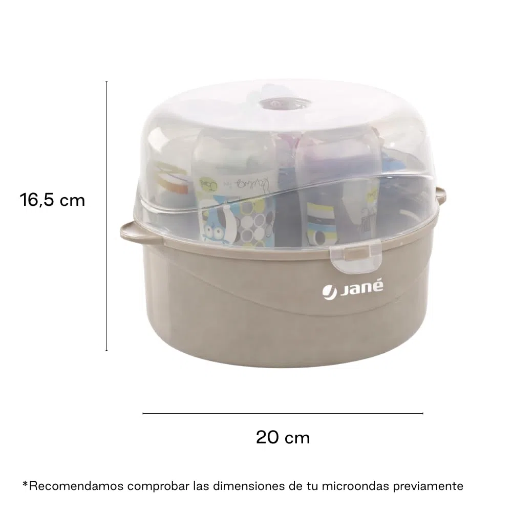 Jané Esterilizador para Microondas, Capacidad 6 Biberones, con Cesta para Tetinas y Pinza, Libre BPA, Gris