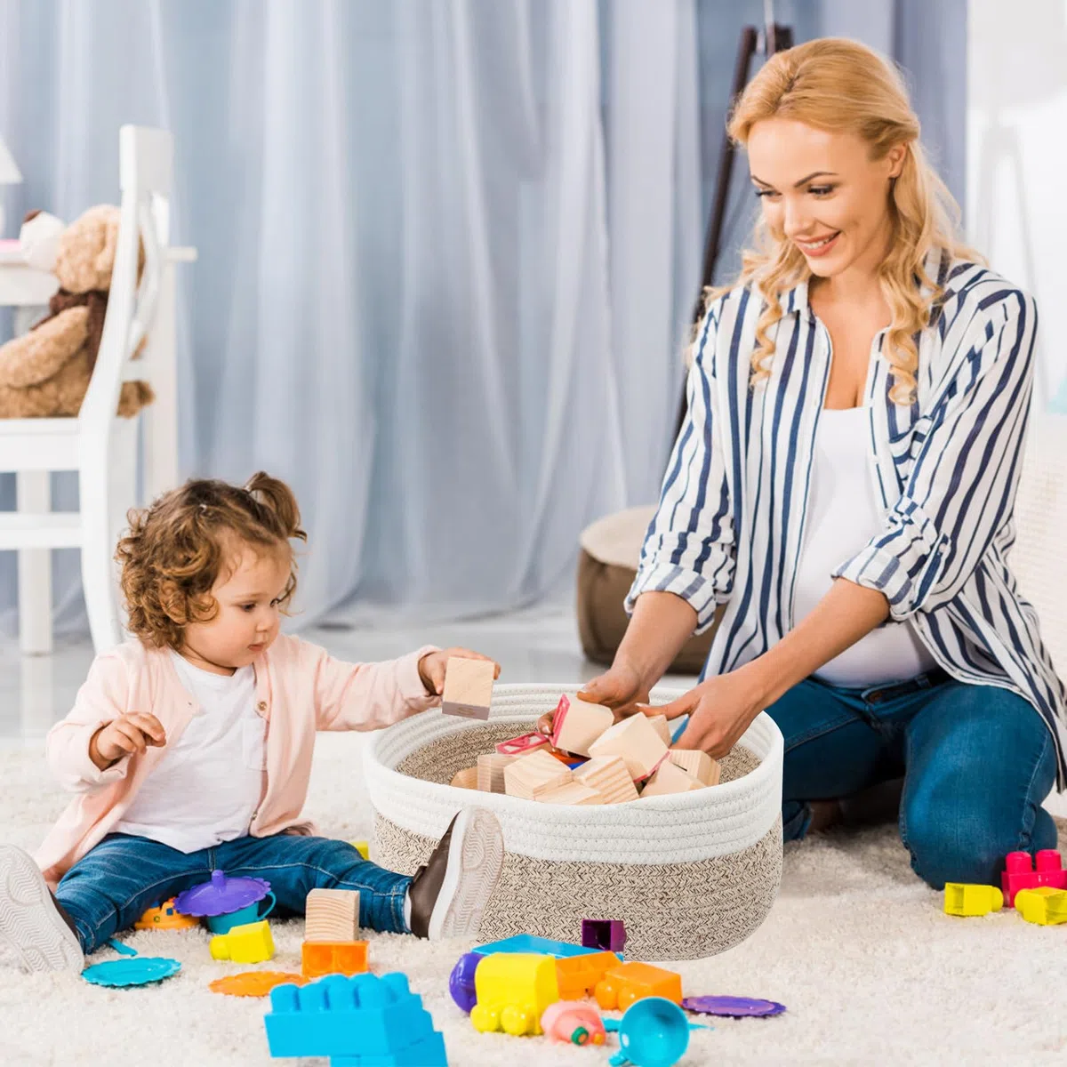 Juego de 4 Cestas Almacenaje Tejida con Cuerda de Algodón, Cesta de almacenamiento para niños Cesta Bebe Organizadoras, Cestas Organizadoras para Baño Juguetes, Cambiador