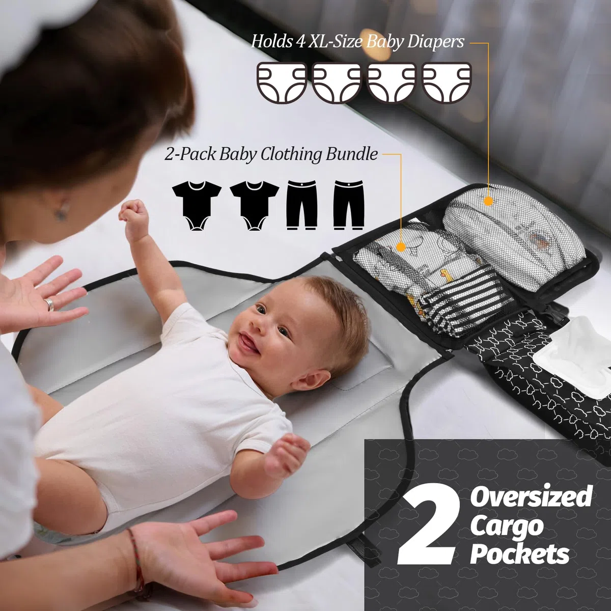 Cambiador portátil bebé - Cambiador viaje bebé con bolsillo para toallitas y cojín para la cabeza, impermeable, extraíble - Regalo ideal para recién nacido（Negro）