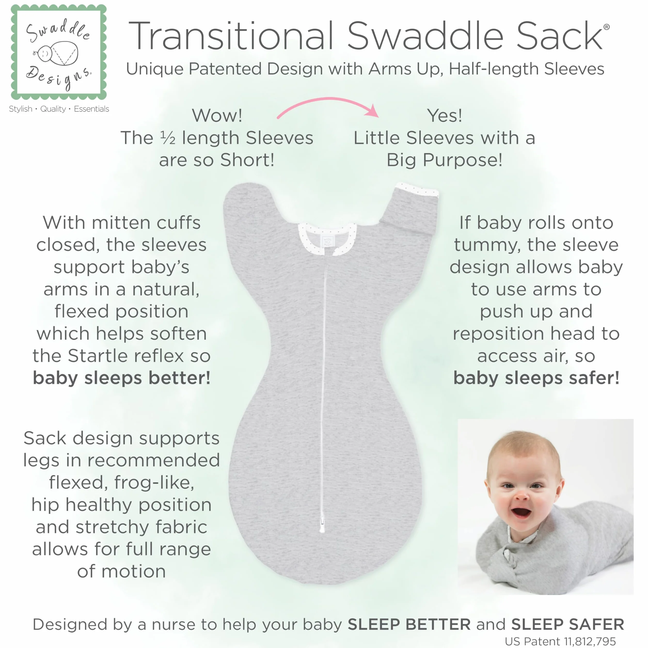 SwaddleDesigns Transitional Swaddle Sack, Arms Up Half-Length Sleeves & Mitten Cuffs, Swaddle for Newborn Transition to Baby Sleep Sack Wearable Blanket, Small, 0-3 Month, 6-14 lb, Heathered Denim