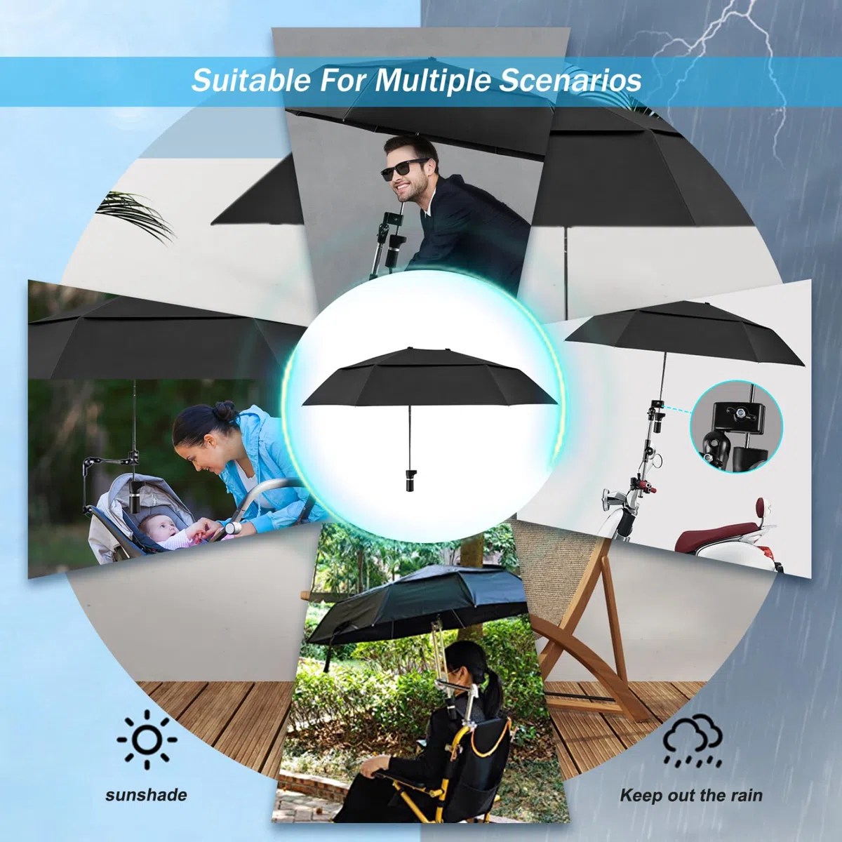 Paraguas de silla con abrazadera ajustable, paraguas de silla de ruedas de protección de lluvia/UV, 40.9 Parasol extendido de doble lado para cochecito, cochecito, bicicleta, sillas de playa, blanque