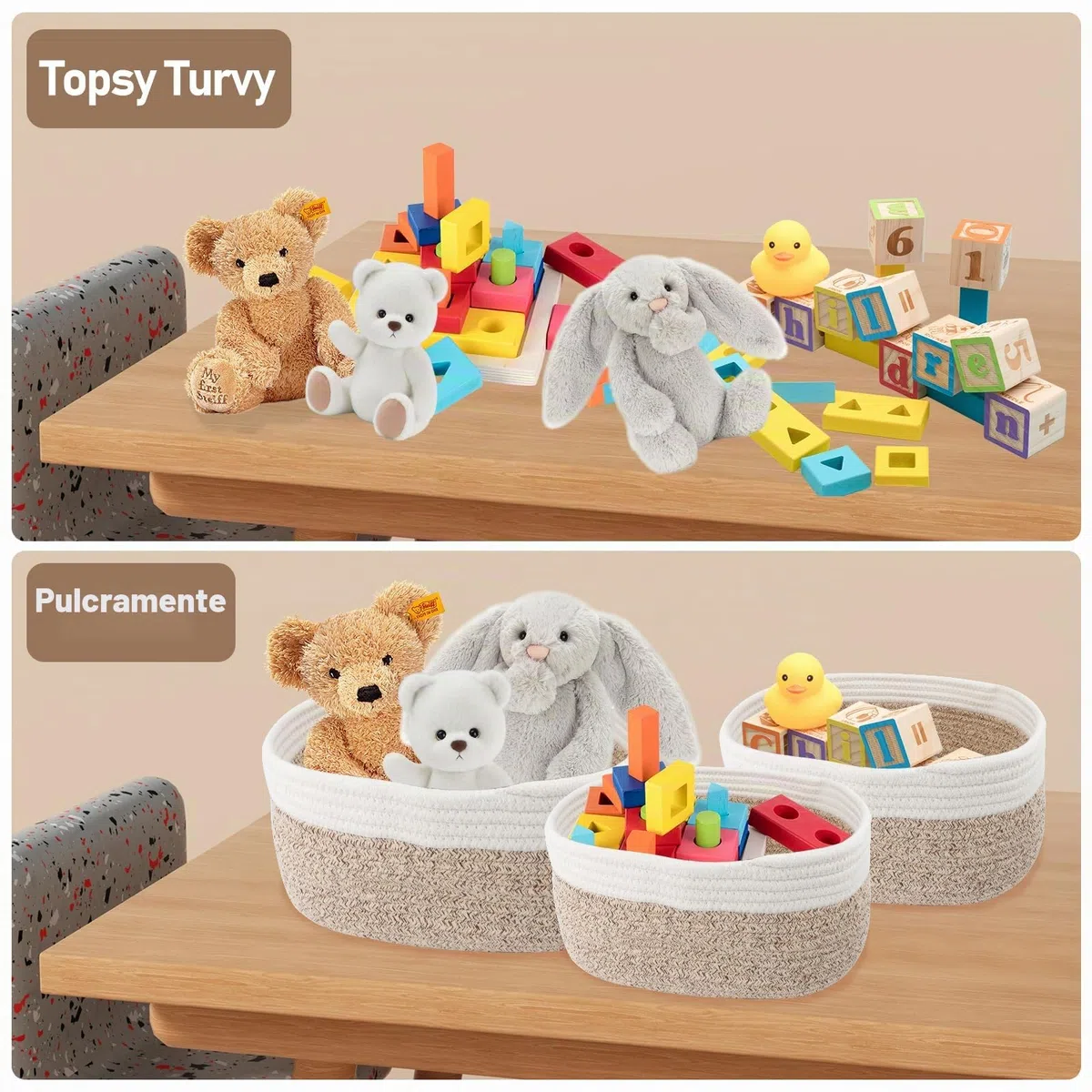 Juego de 4 Cestas Almacenaje Tejida con Cuerda de Algodón, Cesta de almacenamiento para niños Cesta Bebe Organizadoras, Cestas Organizadoras para Baño Juguetes, Cambiador