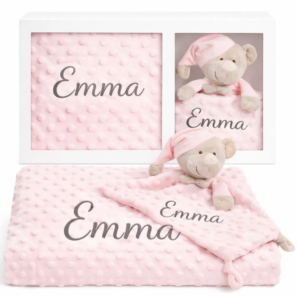 Danielstore Set de Manta Bebe + Dou Dou Personalizado con Nombre Bordado Manta Personalizada Regalo Bebe Recien Nacido Regalo Baby Shower Tacto Aterciopelado -Color Rosa