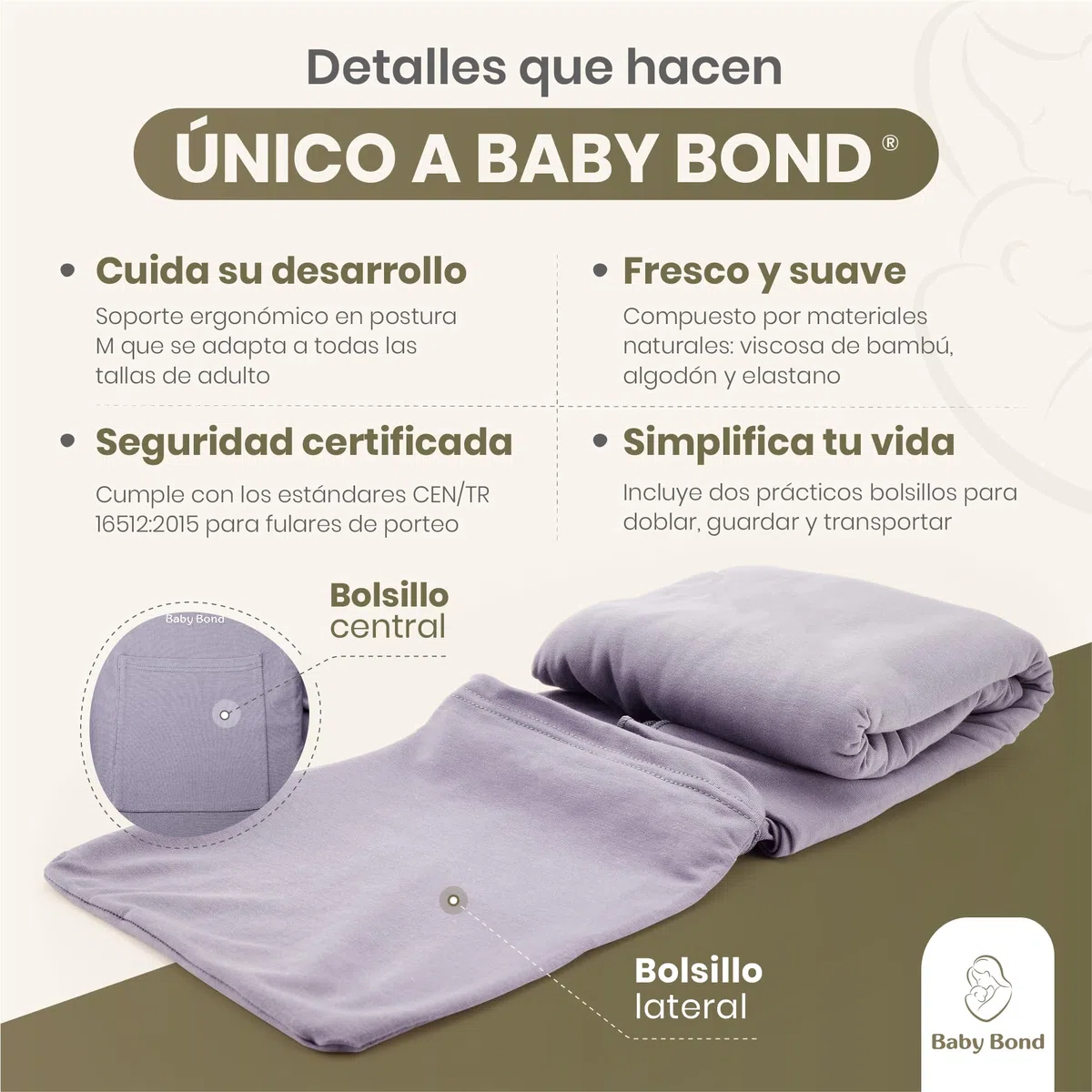 Fular Portabebés Ergonómico – Tejido Suave de Materiales Naturales | Transpirable, Fácil de Poner y con Bolsillo | Desde Recién Nacido hasta 15 kg | Talla Única – Calma a tu Bebé y Libera tus Manos