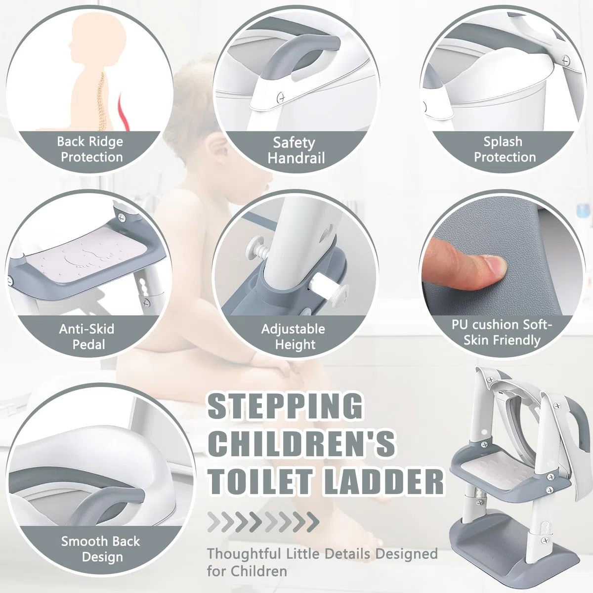 Adaptador Reductor WC Niños, Adaptador WC Bebe Niños con Escalera, Antideslizante, Plegable con PU Cojín, Portatil Orinal Asiento Baño Inodor para Inodoros en Forma