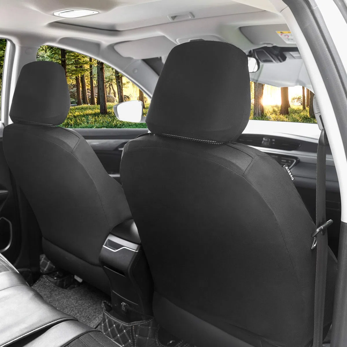 eSituro Clásicas Juego de 2 Fundas para Asientos de Coche Universal Cubreasiento Indivudual para Furgonetas Delanteros con Reposacabezas Tela Gris Claro/Negro SCSC017234F