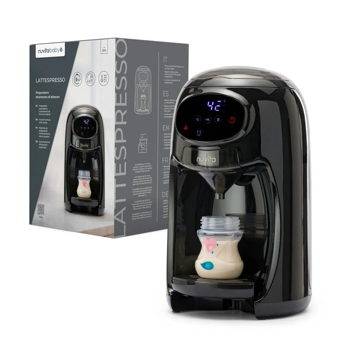 Nuvita 1180 Lattespresso - Preparador instantáneo de leche en polvo, dosificación precisa, calentamiento y mezcla, 4 temperaturas seleccionables, compatible con la mayoría de marcas de leche en polvo