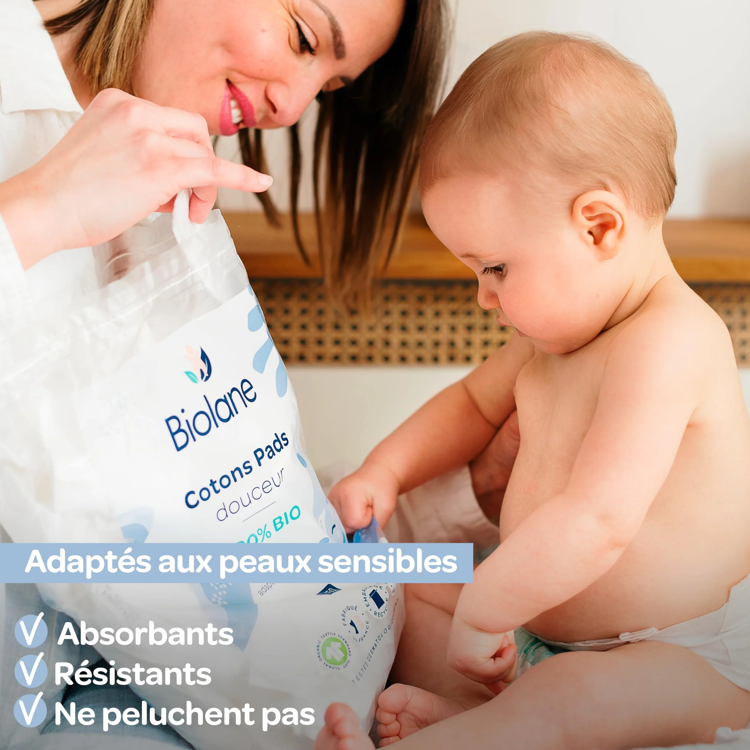 BIOLANE – Juego de 3 almohadillas de algodón para bebé, 100% orgánico, 150 algodón, piel sensible, cambio y aseo – desde el nacimiento – Fabricado en Francia