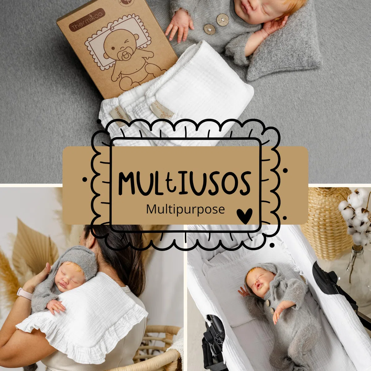 Thermikoa Salvababas Bebe Capazo, Pack de Muselinas de Algodón para Proteger el Colchón y el Hombro, Multiusos, Paños Lactancia Doble Capa de Tela de Muselina y Rizo Algodón (Pack 2 Salvababas)