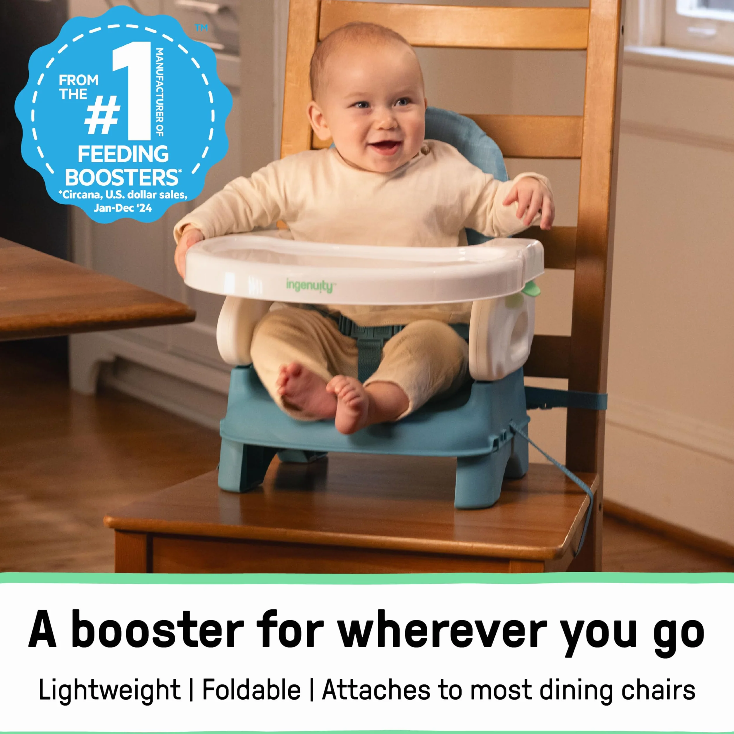 Ingenuity, Trona Portátil Bebé Deluxe Comfort Folding Baby Booster Seat - Altura Ajustable - Acolchado - Teal - 6M-3Y