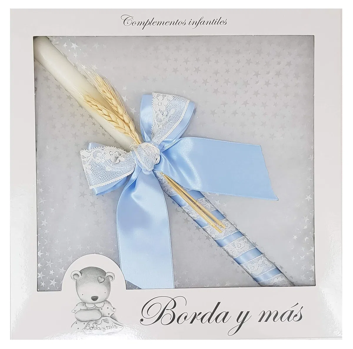 Vela para Bautizo - Vela Bautismal – Candela de Bautizo decorada - Cirio Sacramental - Modelo París – Celeste- Nenel