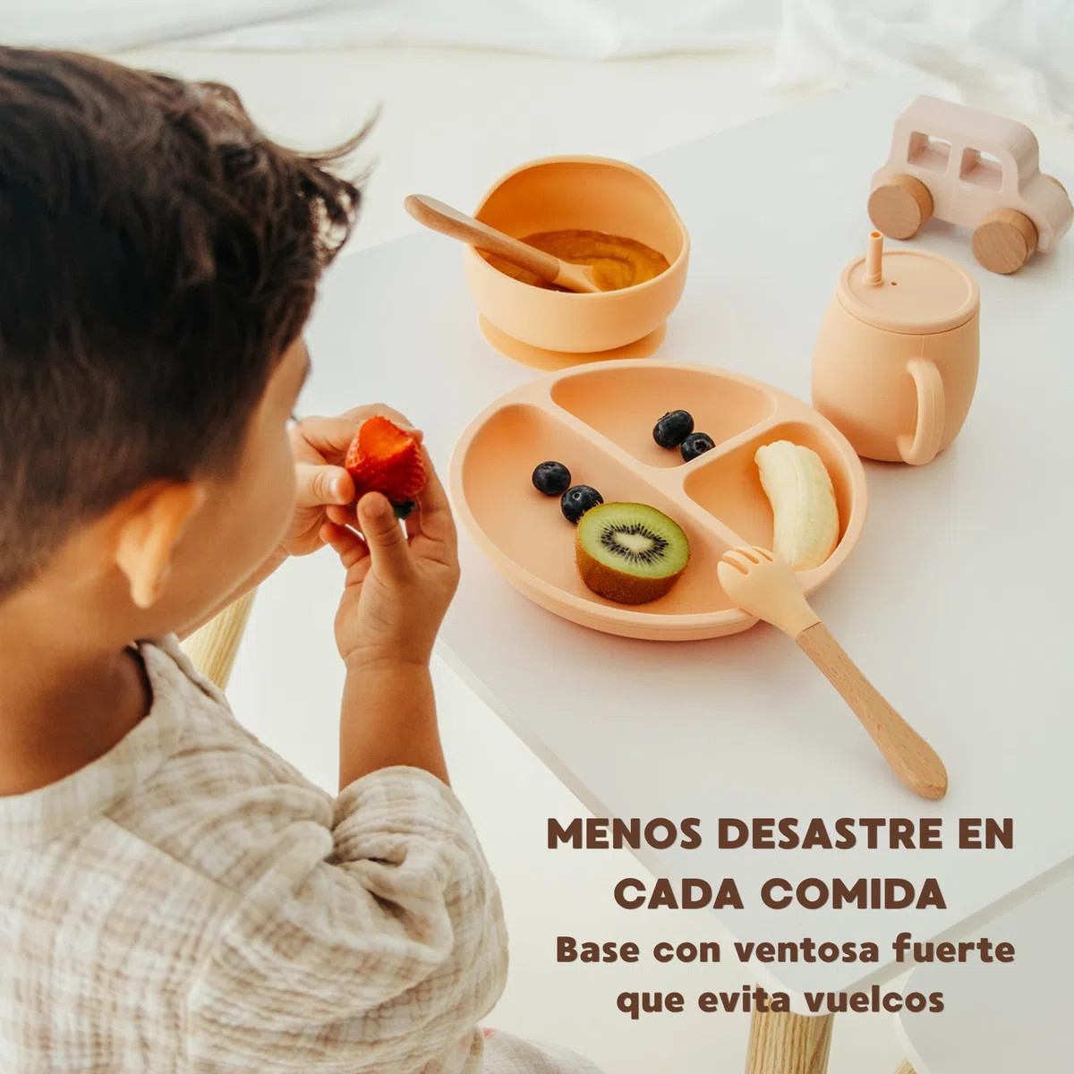 Vajilla Bebé BLW Premium 7 Piezas – Silicona Alimentaria sin BPA | Plato y Bol con Ventosa + Vaso Evolutivo 4 en 1 | Set Completo +6 Meses – Regalo Ideal Color Melocotón