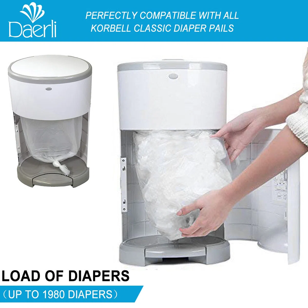 Bolsas de basura para desechar pañales, compatibles con todos los cubos de pañales Korbell Classic, cada paquete de 16 litros tiene capacidad para hasta 1980 pañales (paquete de 4)