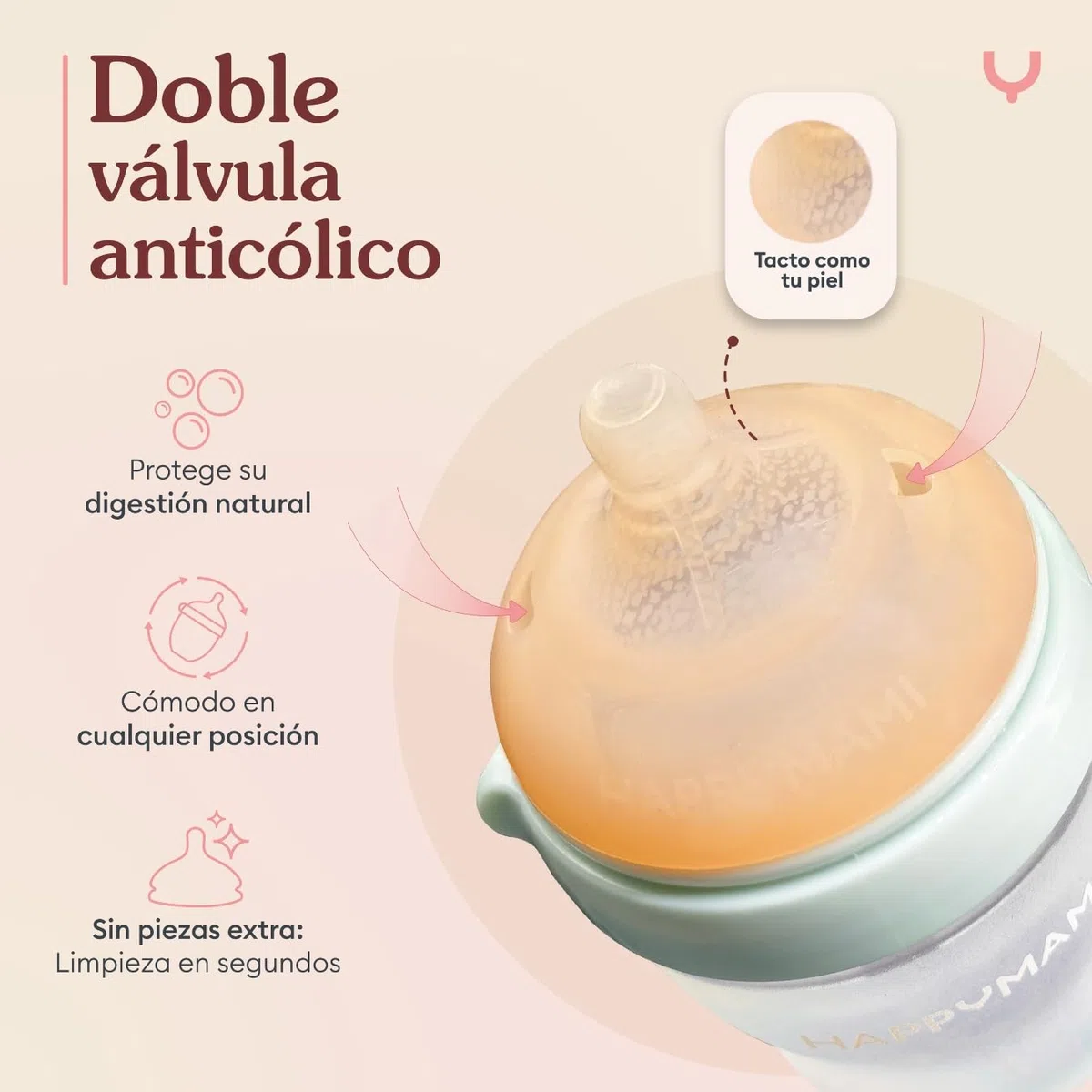 HAPPYMAMI Biberón Anticólicos a Medida Lactancia Materna Bebé 250ml Menta | Tetina de silicona grado alimentario. Ritmo de succión natural idéntico al pecho que evita el rechazo. Apto lavavajillas.