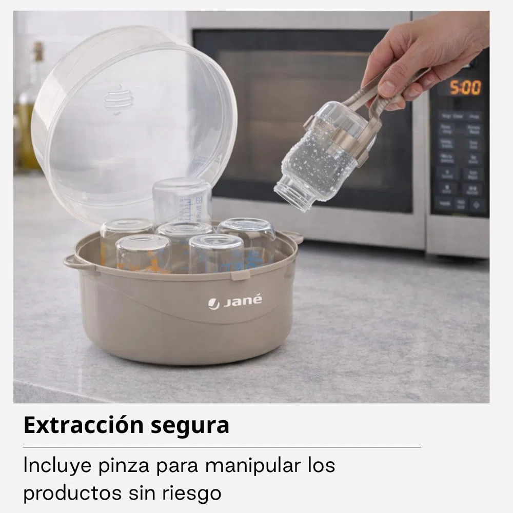 Jané Esterilizador para Microondas, Capacidad 6 Biberones, con Cesta para Tetinas y Pinza, Libre BPA, Gris