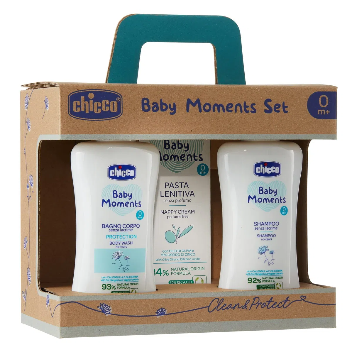Chicco Set Baby Moments con Baño Corporal de 200 ml, Champú Sin Lágrimas de 200 ml, Pasta Calmante de 100 ml, Idea de Regalo, 0 Meses +