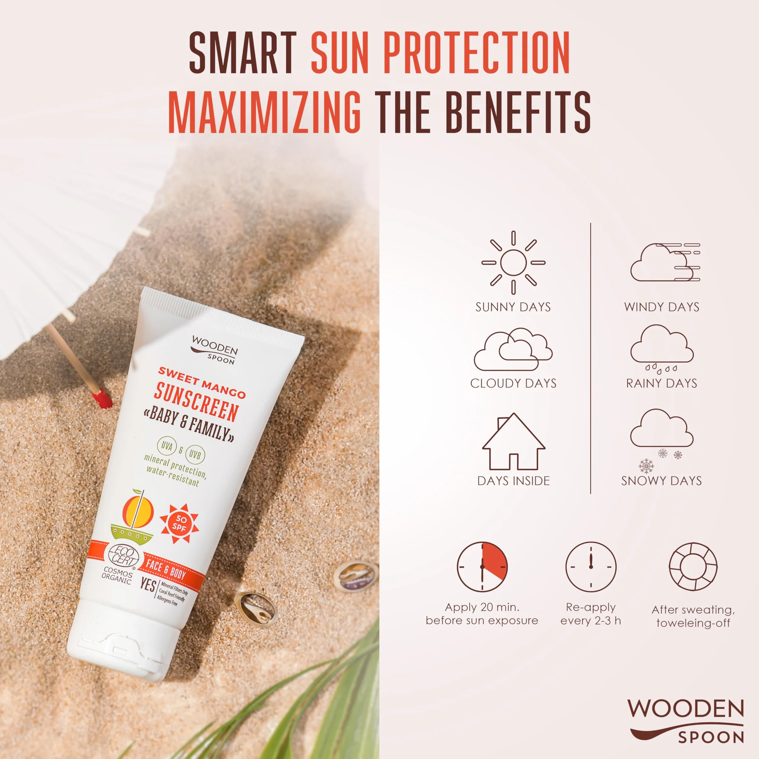 Wooden Spoon Crema Solar Orgánica Bebé y Familia “Sweet Mango” SPF 50 – 100% Natural, Zinc Invisible, Sin Rastro Blanco, Hipoalergénica, Vegana, Resistente al Agua – 150 ml