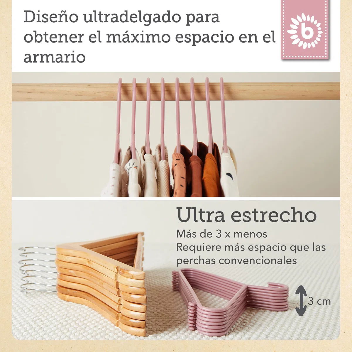 Bieco Perchas para niños, 32 unidades, color rosa viejo, perchas para bebés, organizador de bebé, perchas para niños, separadores de tamaño para bebés