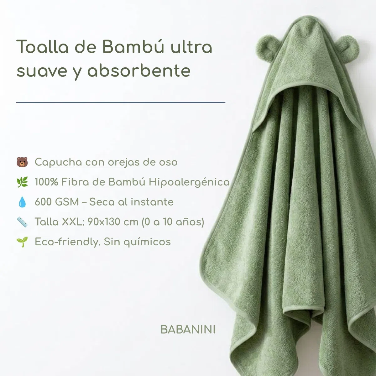 Toalla de Baño con Capucha para Bebé, Niño y Niña, Extra Grande 90x130cm, 100% Bambú 600GSM, Regalo Recién Nacido 0-10 años (Verde)