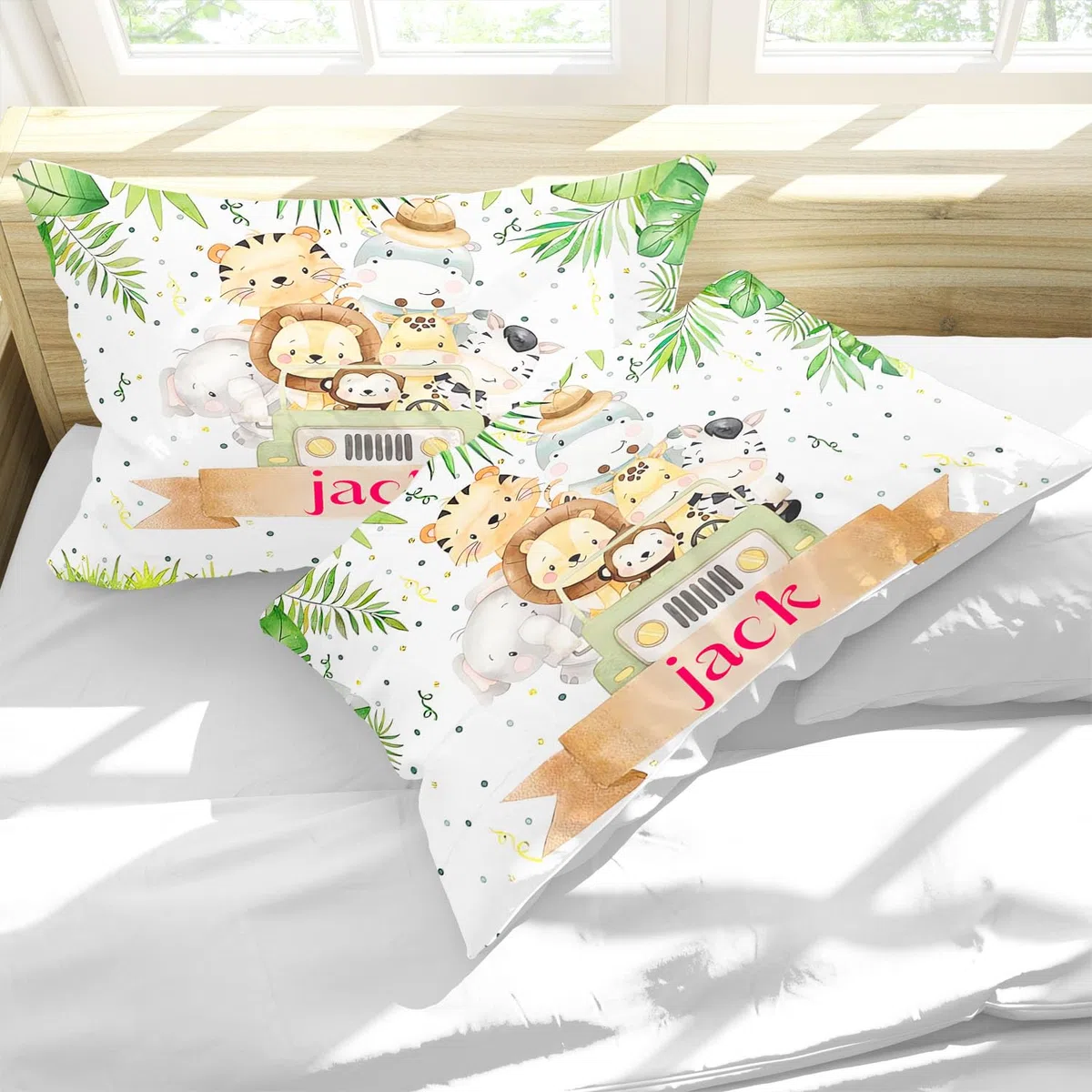 CHEFFS Ropa de cama personalizada para bebé con animales, elefante, cebra, jirafa, león, ropa de cama para niños con nombre, funda de edredón y almohada personalizada de animales salvajes (135 x 200