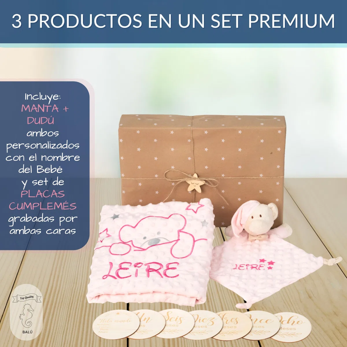 Balú Set Premium Canastilla Bebe Recién Nacido con Manta Bebe Personalizada+ Doudou Nombre Bordado+Tarjetas Meses Bebé Regalos Bebés Recién Nacidos Originales Hipoalergénico y Lavable