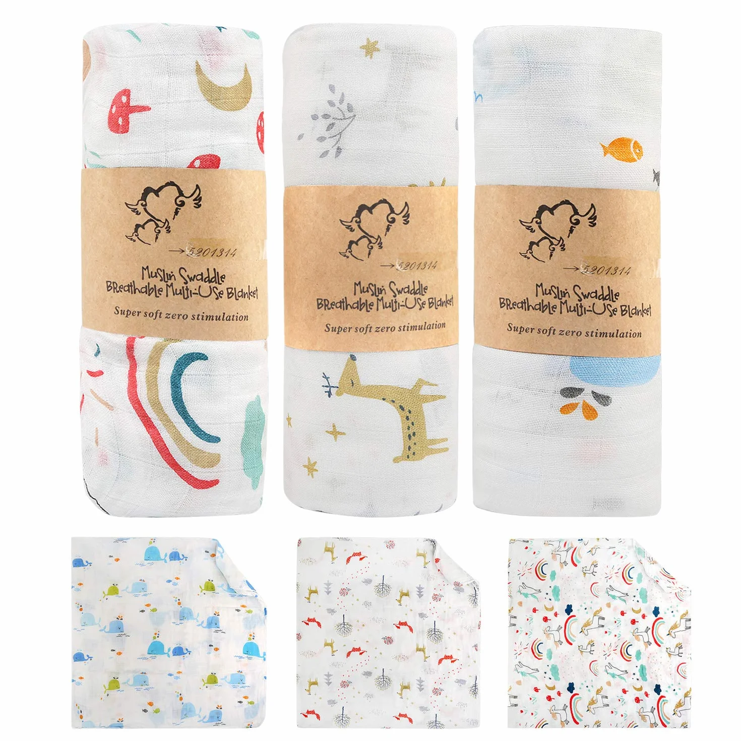 Muselina Bebé, Mantas Bebé, Bambú Algodón 120x120 cm Grande Mantas Swaddle de Muselina para Bebes Recién Nacidos, Envoltura Mantas, Suave & Respirable - Paquete de 3