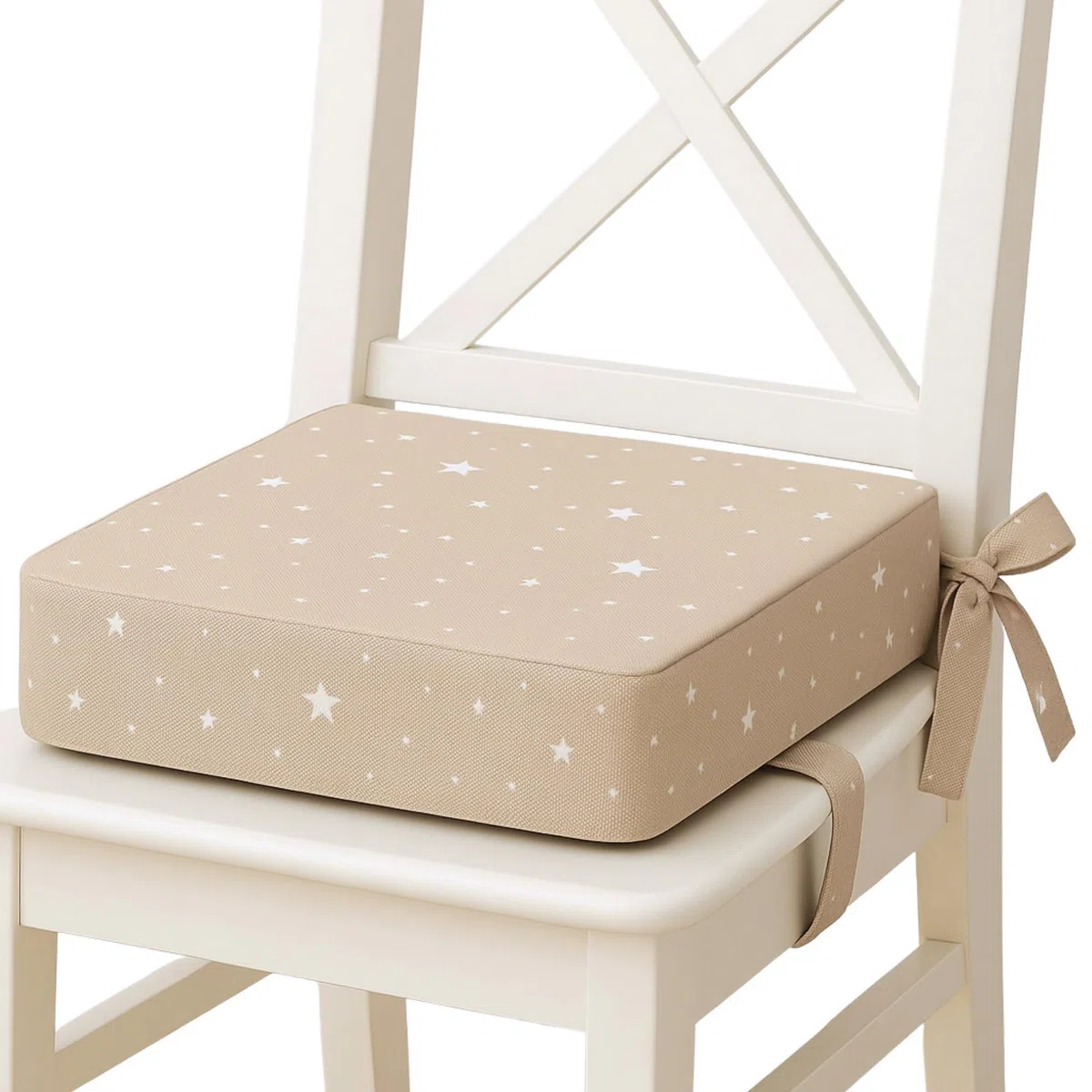 Cojin elevador para silla infantil para comer 32x32x8 cm - Alzador elevador para sillas de niños y niñas Cojín base elevadora con inserto de espuma y funda lavable Beige con estrellas blancas