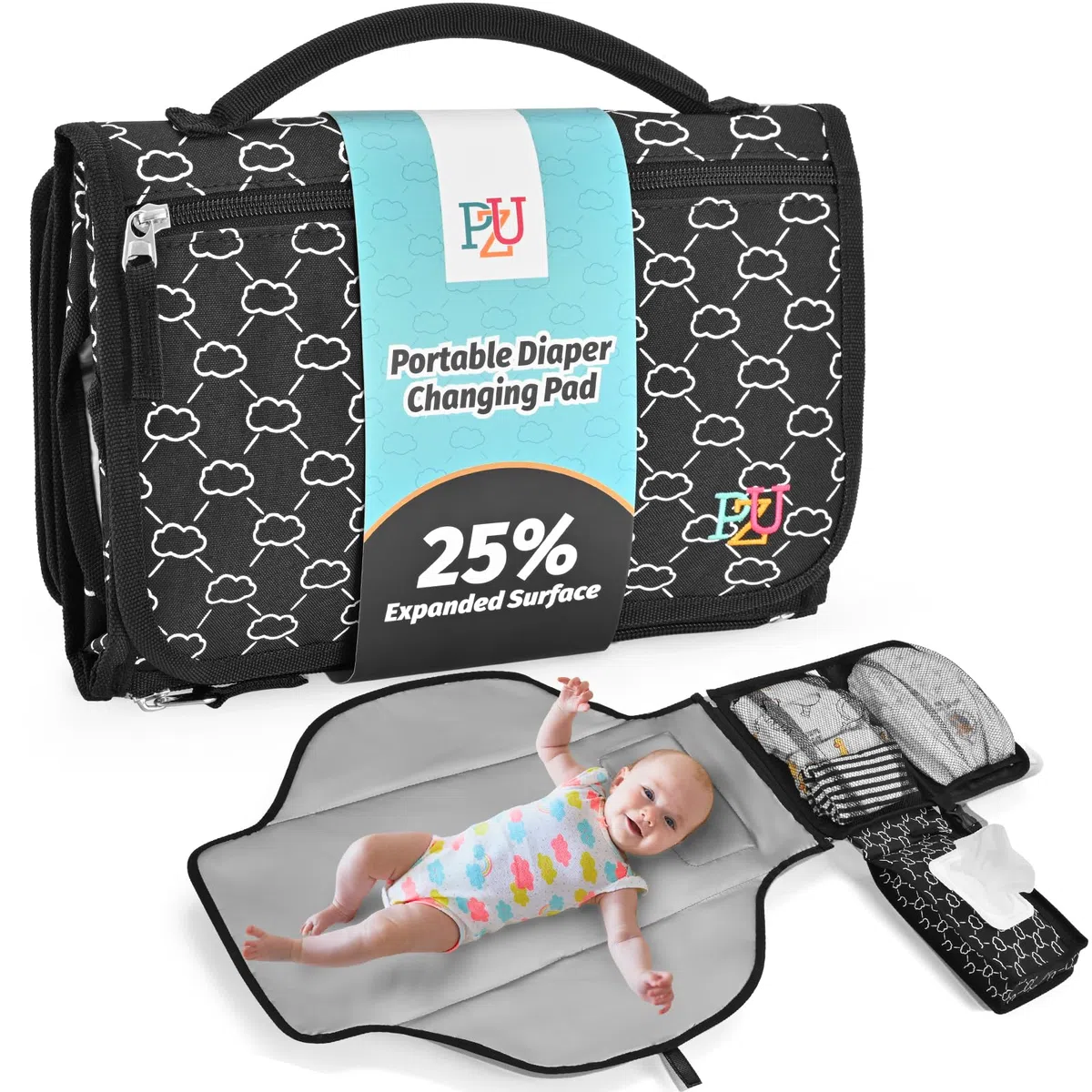 Cambiador portátil bebé - Cambiador viaje bebé con bolsillo para toallitas y cojín para la cabeza, impermeable, extraíble - Regalo ideal para recién nacido（Negro）