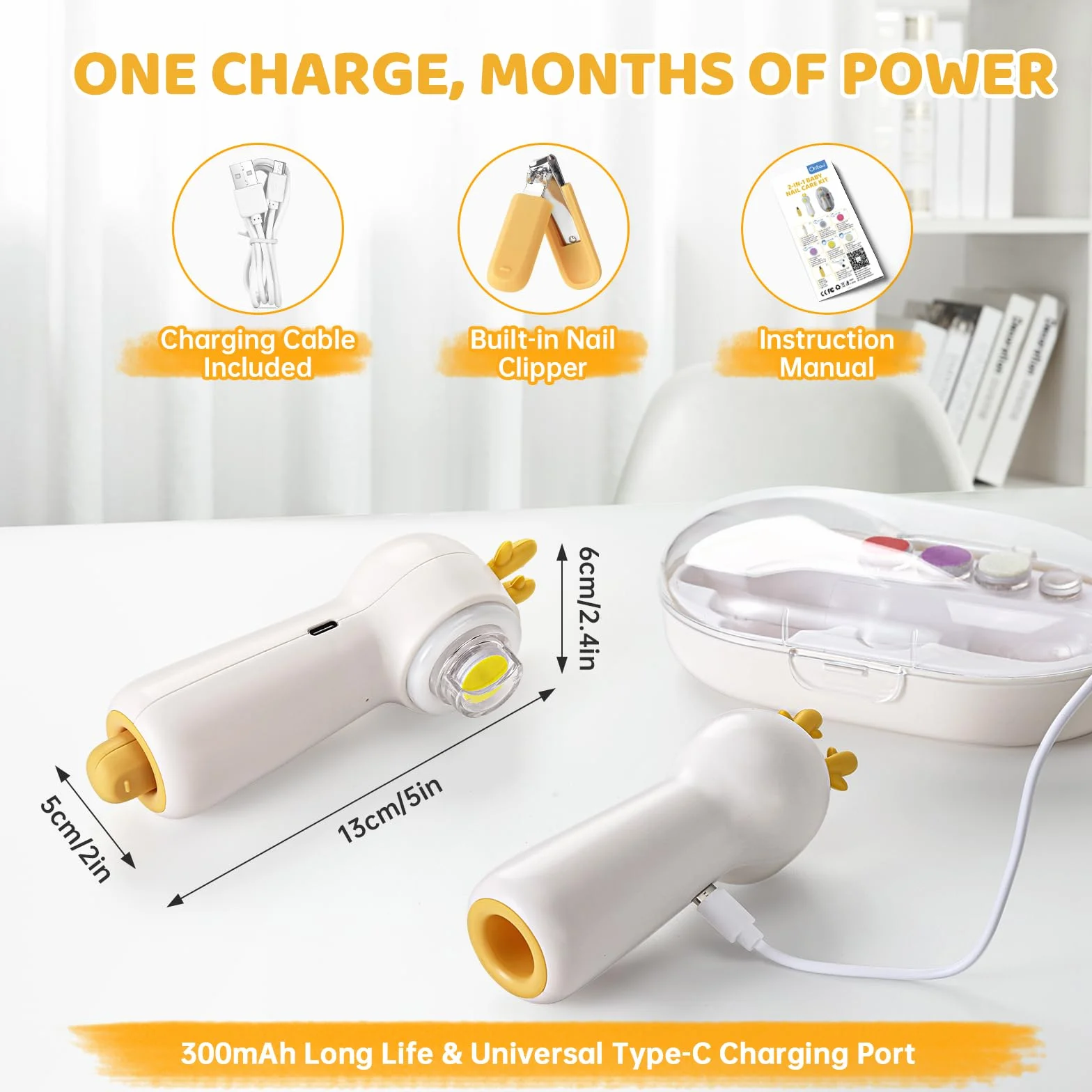 Lima Electrica Uñas Bebe, Lima Uñas Bebe con Cortauñas Bebe, Recargable, Iluminado, 5 Cabezales de Esmerilado, Apto Para Todas Las Edades, Bajo Nivel de Ruido, Fácil de Manejar, Ciervo Amarillo