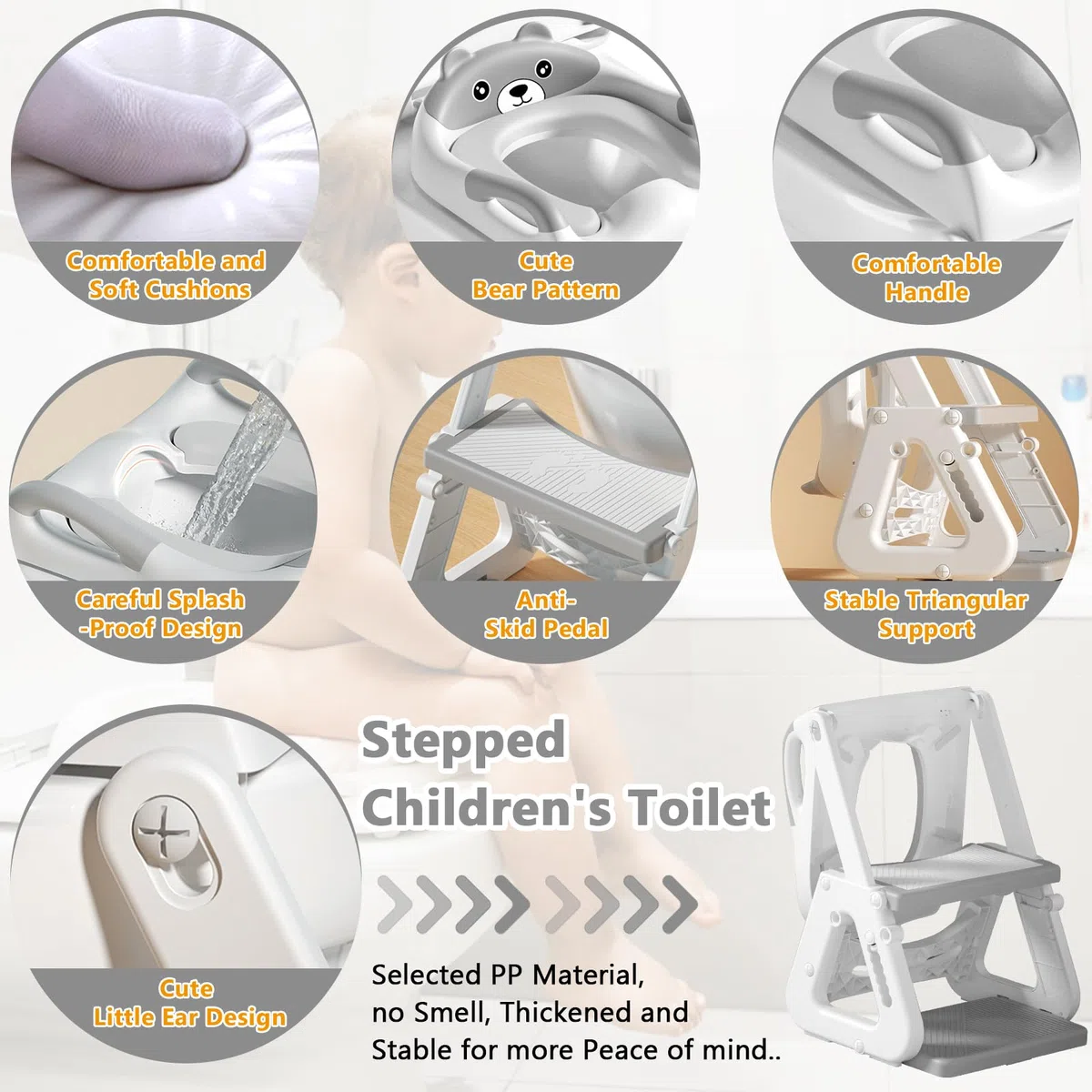 Adaptador WC Niños con Escalera,Reductor WC Niños,Adaptador Baño para Niños,Escalera WC para Niños,Ajustable,Plegable,PVC Cojín Acolchado,Antideslizante,para Inodoros en Forma de V, U o O