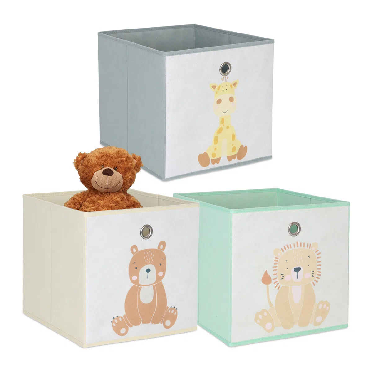 Relaxdays Set 3 Cajas Plegables con Motivos Animales para niños, estanterías cúbicas, 30x30x30 cm, Textil Multicolor