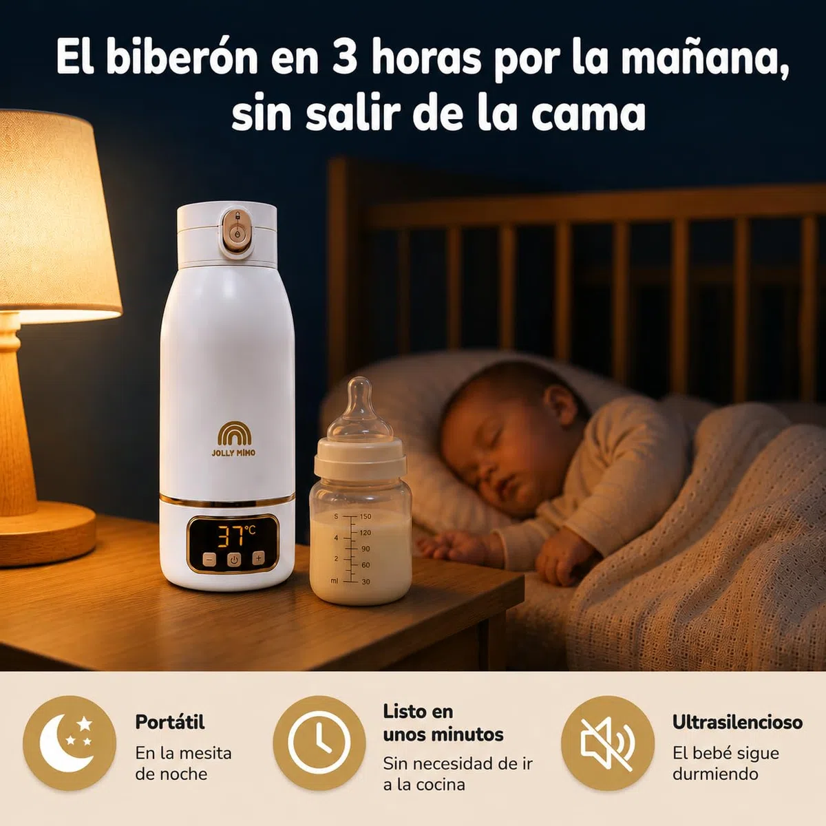 Calentador de Biberones Portátil Sin Cable 500ml, Agua y Leche Materna, Viaje/Coche/Noche, Cepillo Incluido, Diseño Dorado Premium Auto-Pasteurización