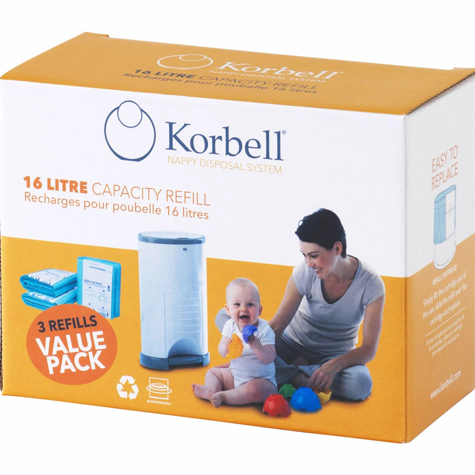 KORBELL - Recarga de pañales - STANDARD - 16 L - X3 - Biodegradable - Antiolor - Capacidad de 240 capas por recambio
