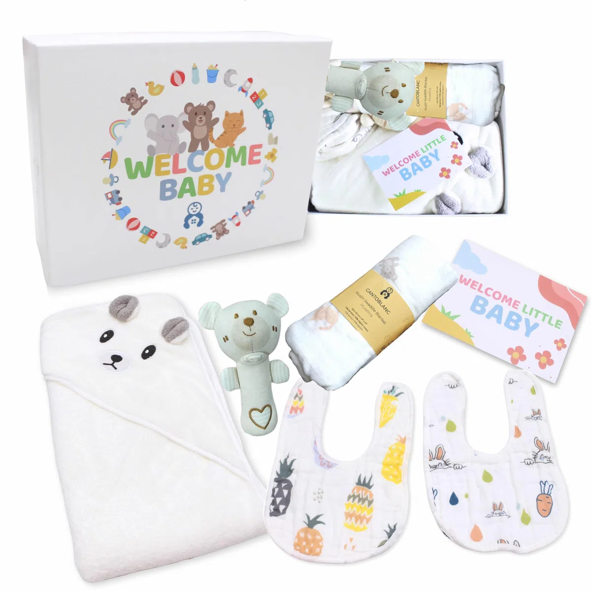 Canastilla Bebé Recién Nacido | Cesta Regalo Nacimiento Unisex | Muselina Bambú 120x120 cm, Toalla Capucha, 2 Baberos, Sonajero y Tarjeta | Baby Shower Niño Niña