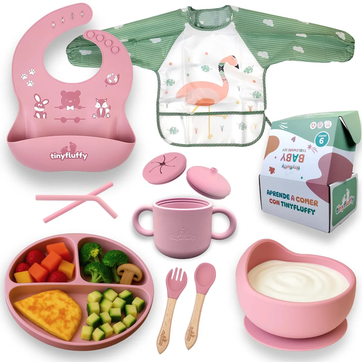 Vajilla Bebe Silicona - Cubiertos Bebe 6 Meses - Platos Bebe Ventosa - Blw Utensilios - Vajilla Infantil - Alimentacion Complementaria Bebe - Cubiertos Infantiles - Babero Silicona Rosa