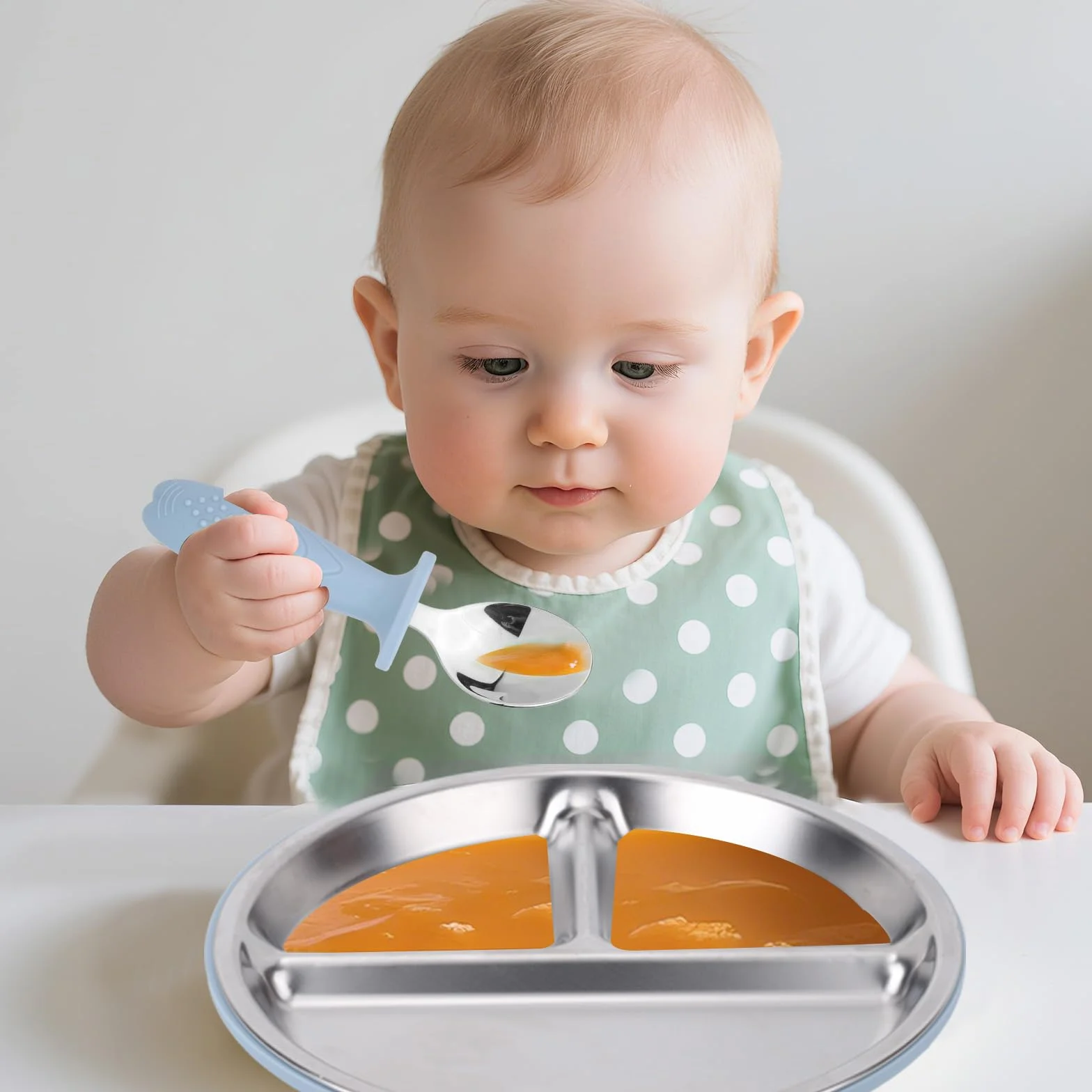 lasuroa Juego de 4 Platos de Acero Inoxidable para Bebé: Incluye 1 Plato con Compartimentos y Ventosa, 1 Tazón con Doble Asa, 1 Tenedor y 1 Cuchara Bandejas para Aperitivos y Artículos Alimentación