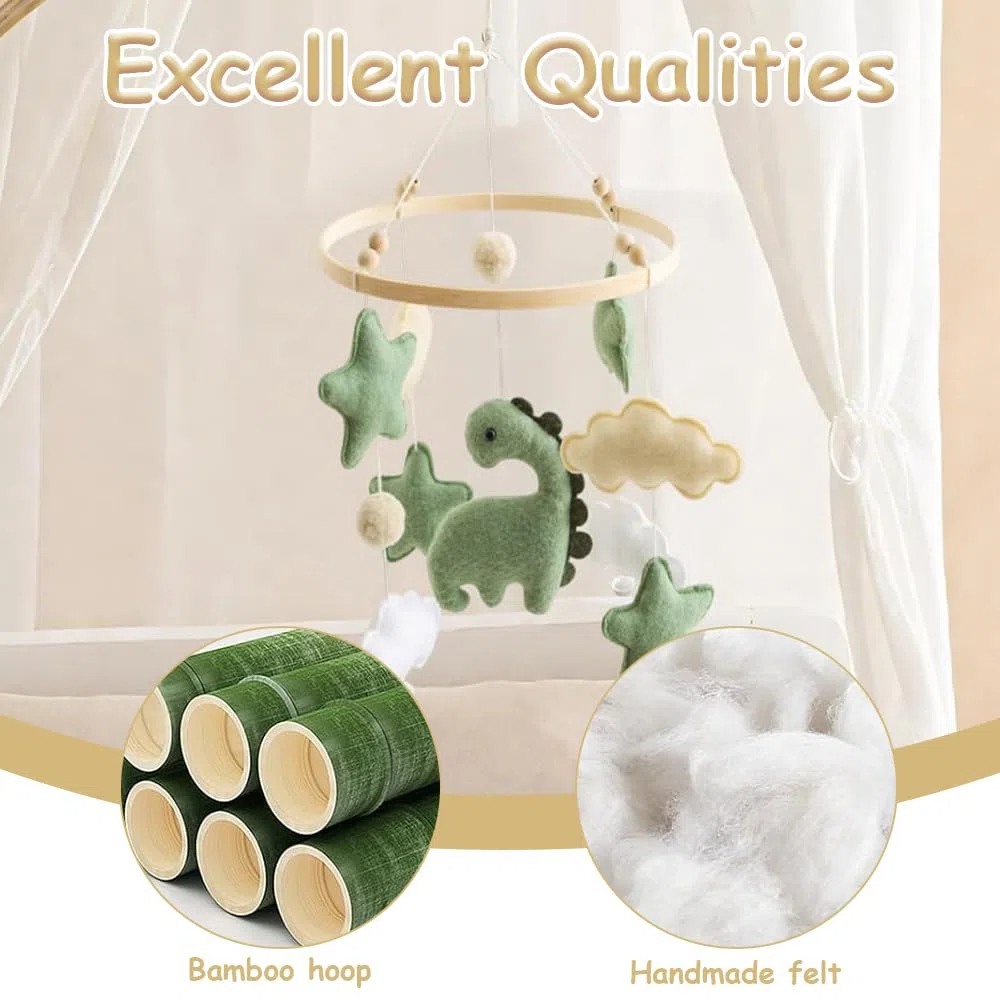 Movil Cuna Bebé de Madera con Dinosaurios, Estrellas y Nubes en Fieltro, Decoración Colgante para Habitación Infantil, Regalo