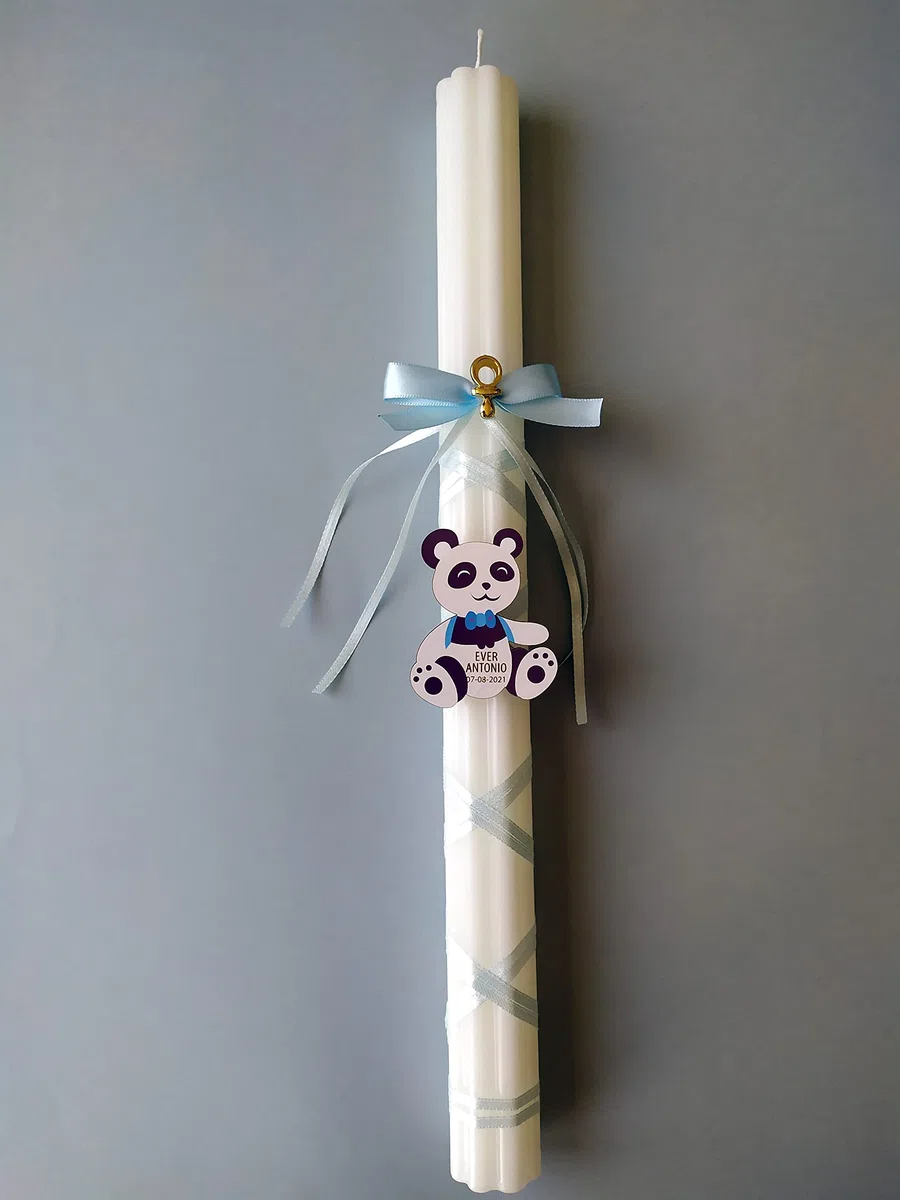 Vela de bautizo blanca NIÑO modelo oso, personalizada con NOMBRE y FECHA