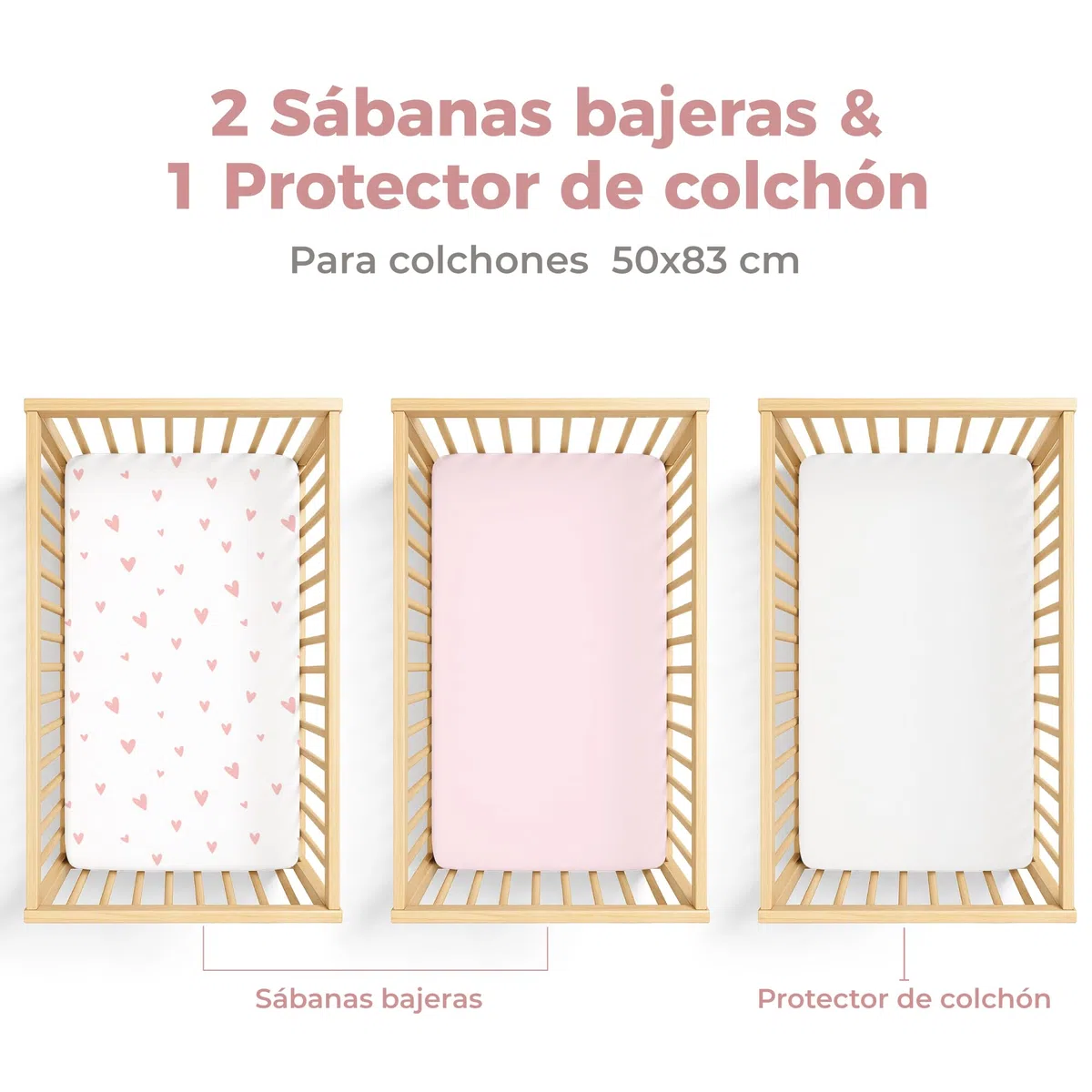 Dreamzie 2 Sabanas Minicuna + 1 Protector Colchón Cuna Impermeable Bebe⎥100% Algodón para Cuna, Moisés - 50x83 cm Estampado Heart