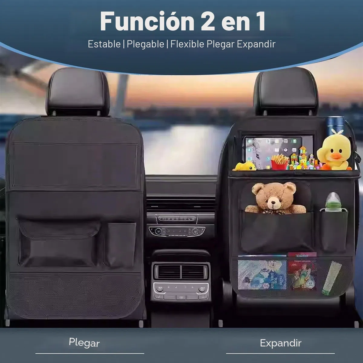 Lote de 2 bolsas de almacenamiento para asiento de coche, organizador de asiento trasero de coche para niños con soporte de mesa plegable, equipado con una red de almacenamiento central para asiento