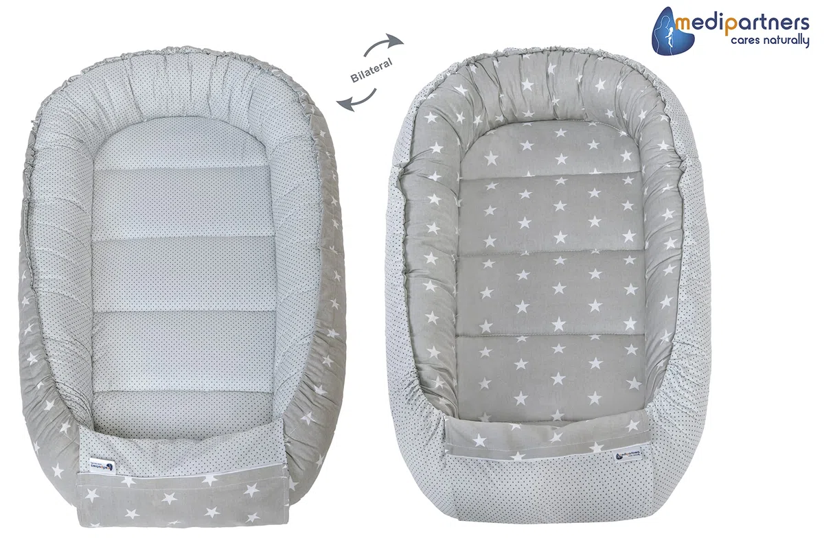 Medi Partners Nido Bebe Recien Nacido Reductor de Cuna - 100x60x15 Portátil o de Viaje de Colecho anticolicos Bilateral Bebés 100% Algodón Minky (Estrellas Blancas sobre Gris con Gris Minky)