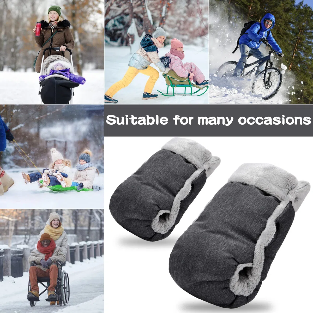 Amzeeniu Guantes Carrito Bebé Manoplas Carrito Bebe con forro polar,Guantes Cochecito bebe Impermeable y Cortaviento Todos los Cochecitos Bicicleta Silla de Ruedas Guantes Carro bebe Invierno(gris)