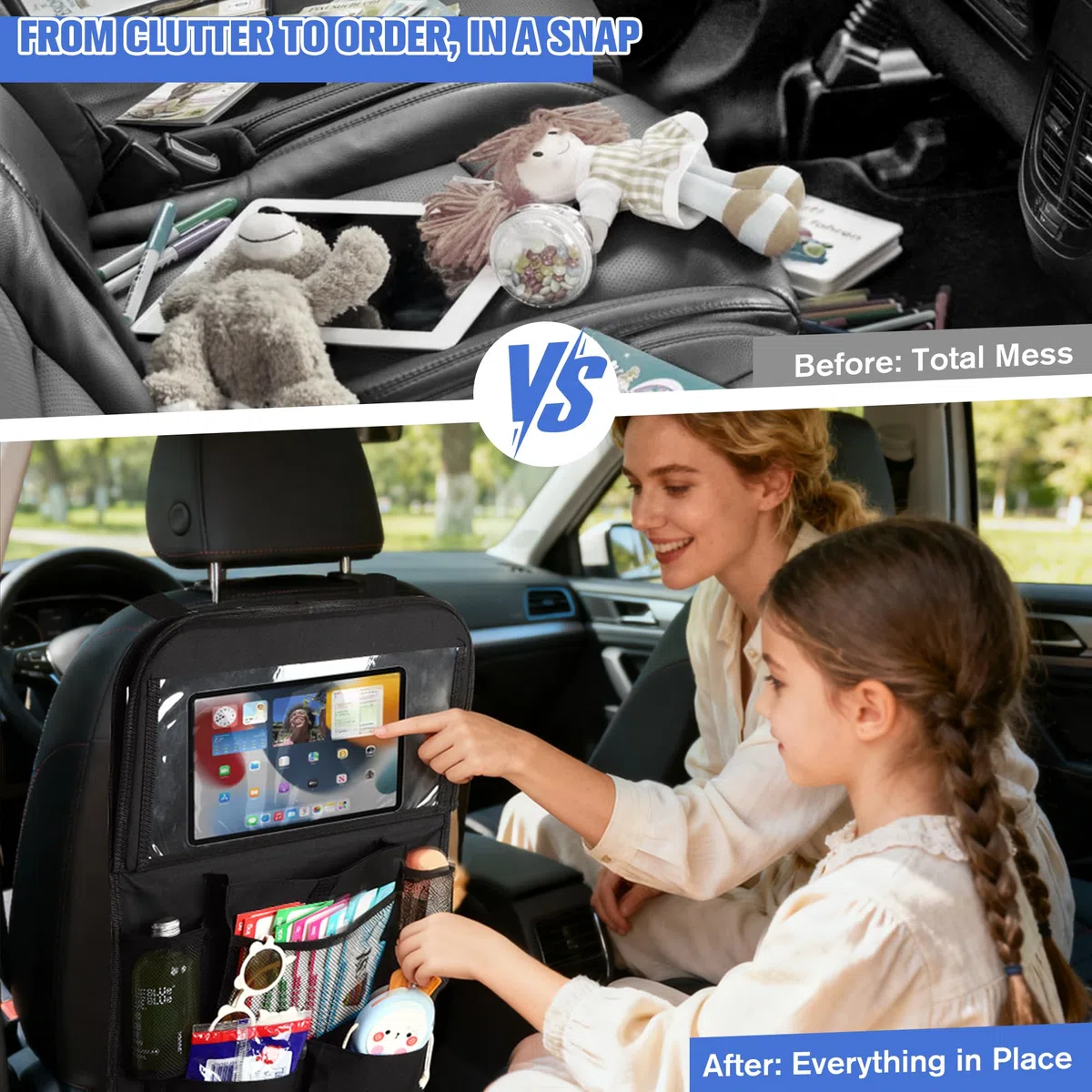 Organizador Asiento Coche 2 Piezas, Negro con Mesa Plegable, 10 Bolsillos, Funda Tablet Táctil | Organizador Coche Universal para Viajes con Niños (2)