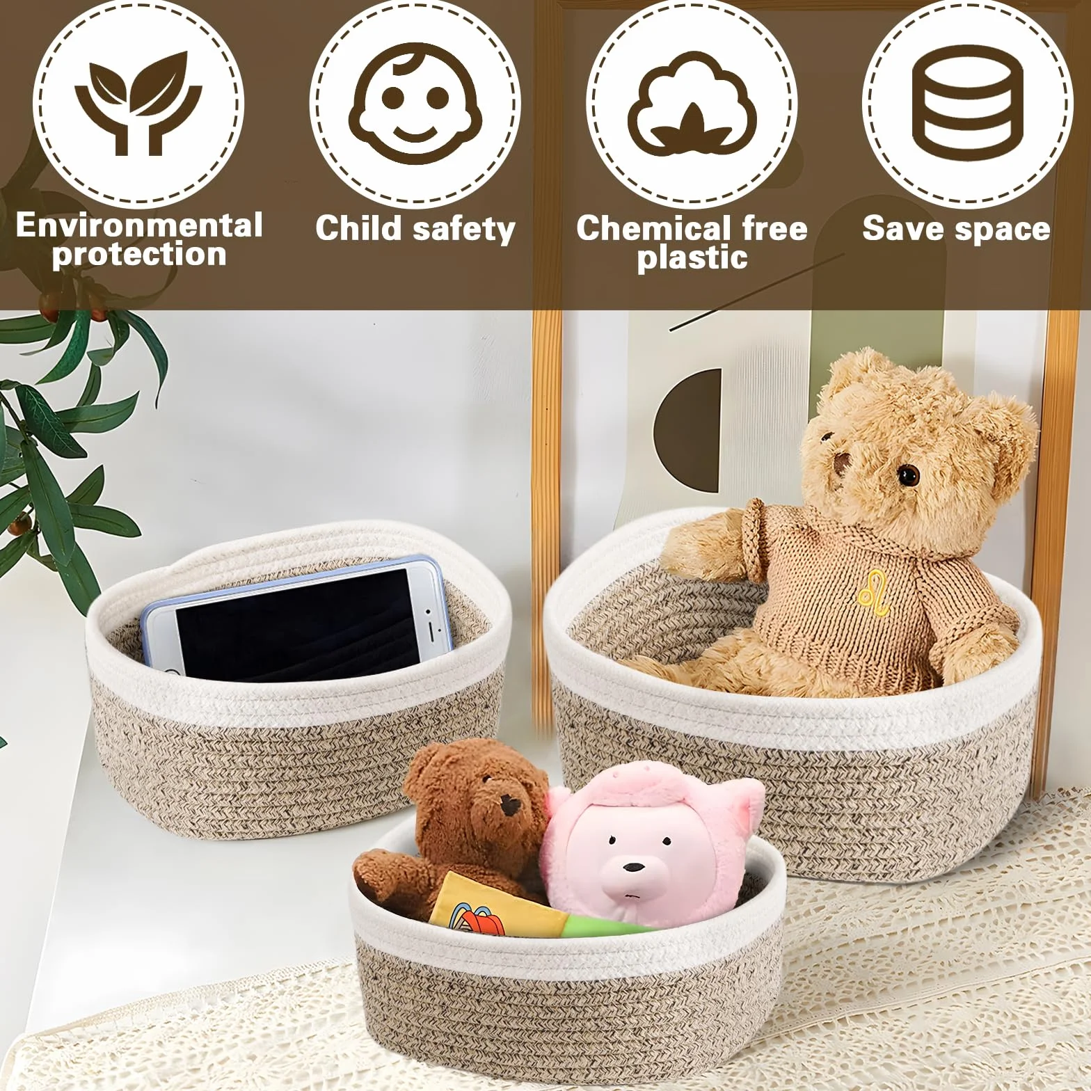 FAMKEEP 5 Piezas Cestas Almacenaje de Cuerda de Algodón,Juego de Cajas de almacenaje,Cestas Pequeñas para Organización y Almacenaje Para Dormitorio, Baño, Cocina, Armario, Juguetes, Maquillaje