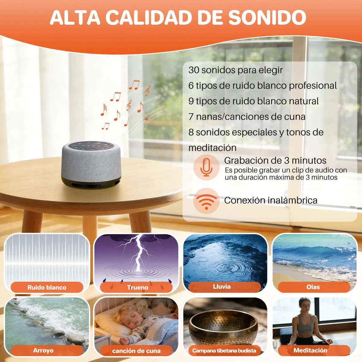 FUNYKICH Máquina Ruido Blanco Bebe Portátil con 30 Sonidos,Entrenamiento Respiratorio,3mins Grabación, Altavoz Inalámbrico, Recargable, Temporizador y Memoria, para Dormir,Relajación,Meditación y Yoga