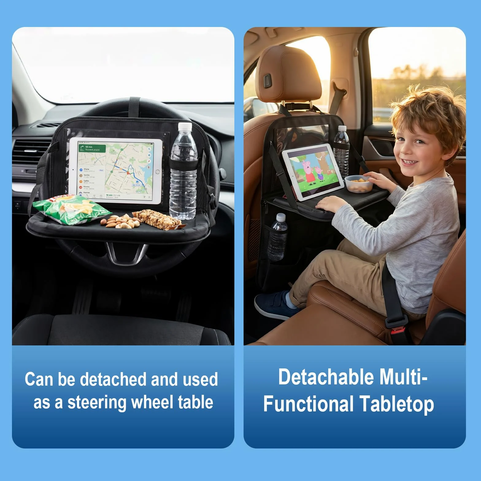 Juego de 2 organizadores para coche con mesa plegable desmontable, 62 x 42 cm, organizador de asiento trasero para niños y adultos, 11 bolsillos + compartimento para pantalla táctil, protector