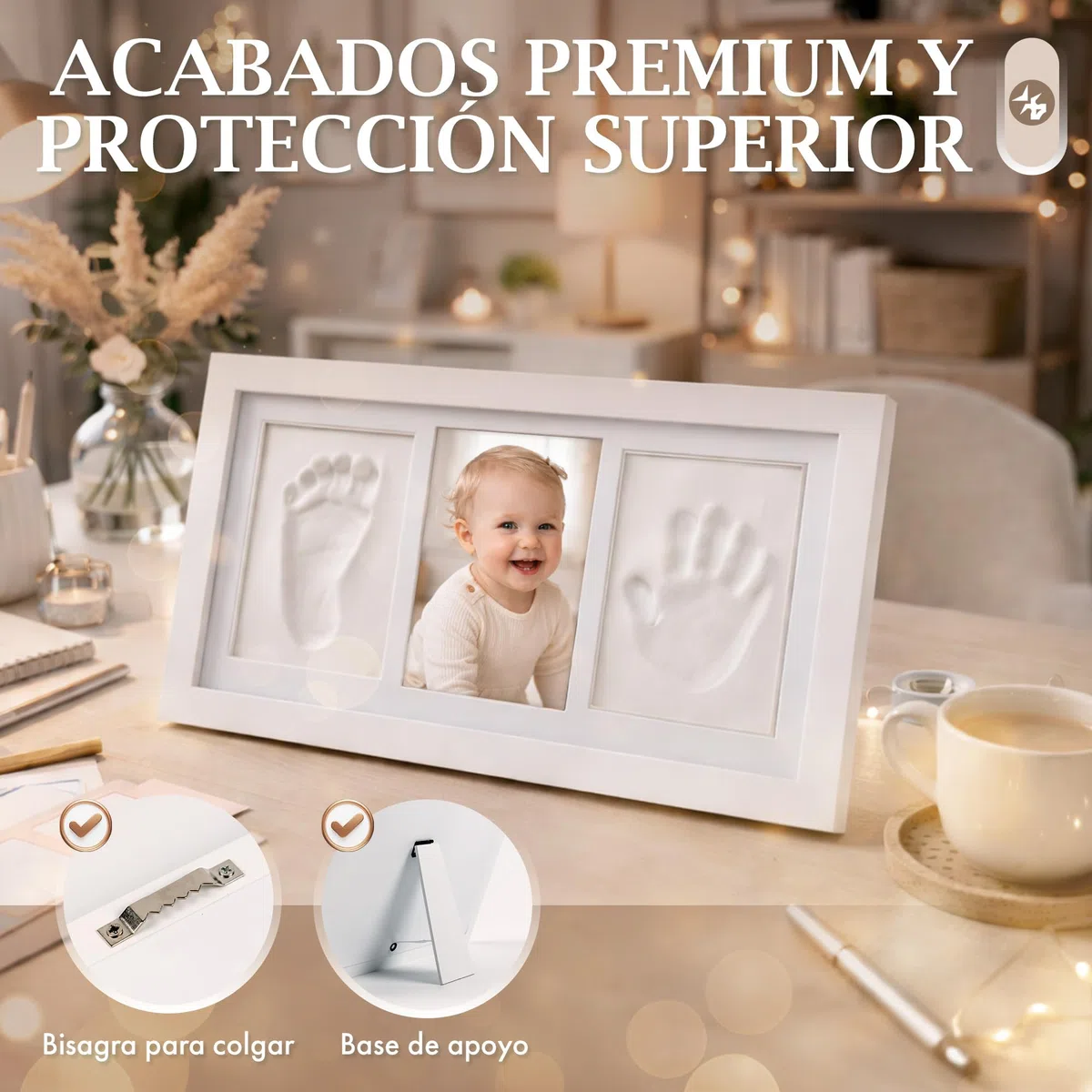 Marco Huellas Bebe Recien Nacido. Cuadro Regalo y recuerdo Original para Nacimiento, Bautizo, Bebes, Recien Nacidos, Embarazadas, Baby shower, Kit Foto para Bebé Niño, Niña con arcilla